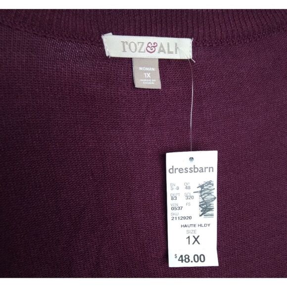 ROZ & ALI Crew Neck Eggplant Rhinestone Sweater 1X - Picture 6 of 6